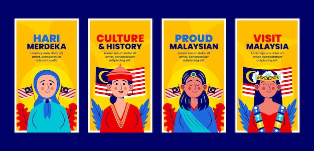 Free Vector flat malaysia independence day instagram stories collection