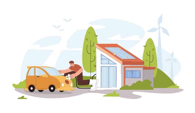 Free Vector flat man charging electric car in yard from ev charger station in modern smart home with photovoltaic solar panels on the roof eco house friendly alternative renewable green energy concept