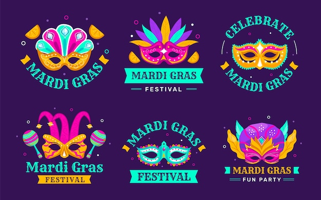 Flat mardi gras badges collection