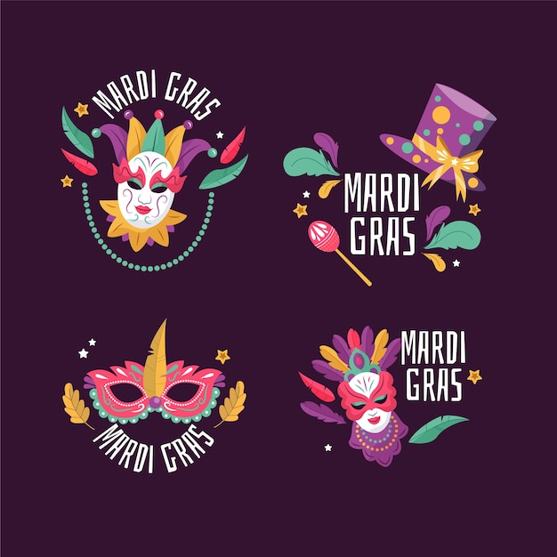 Flat mardi gras badges collection