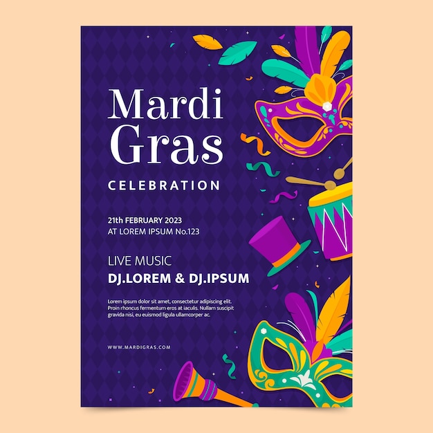 Flat mardi gras festival celebration vertical poster template