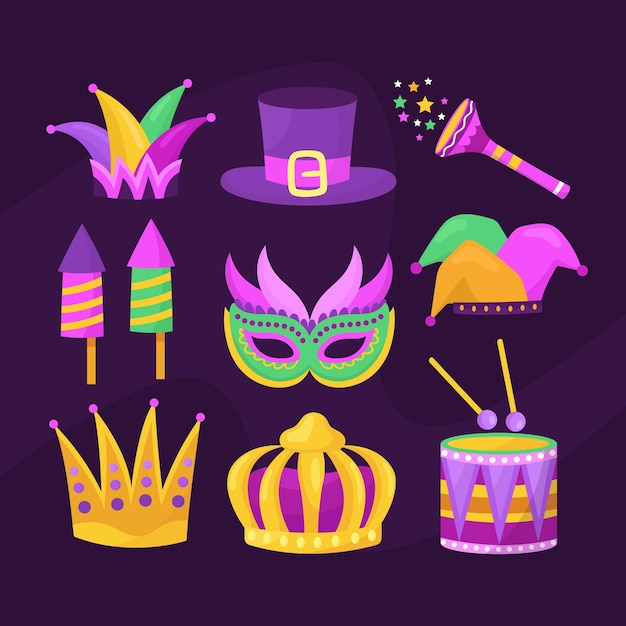 Free Vector flat mardi gras festival elements collection