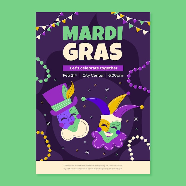 Flat mardi gras festival vertical poster template