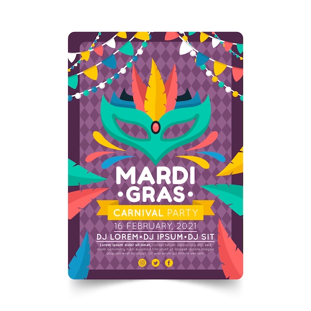 Free Vector flat mardi gras flyer template