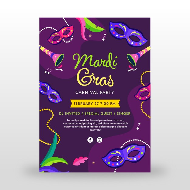 Flat mardi gras vertical flyer template