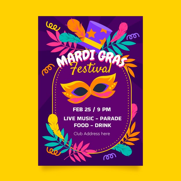 Flat mardi gras vertical flyer template