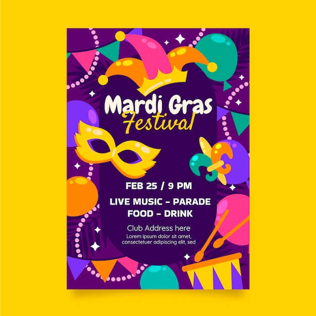 Flat mardi gras vertical flyer template