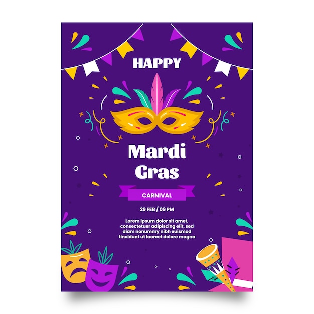 Flat mardi gras vertical poster template