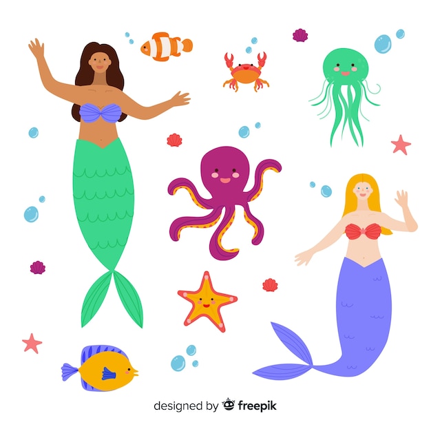 Free Vector flat marine life character collection