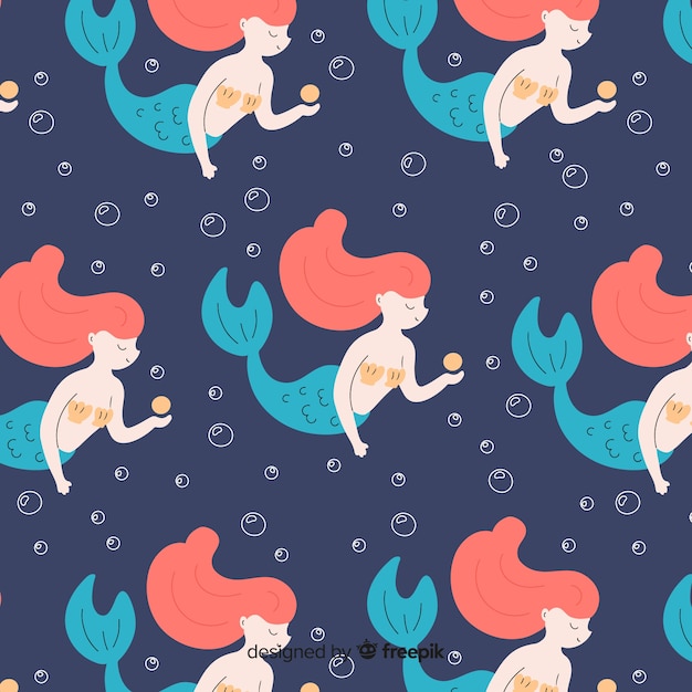 Free Vector flat marine pattern with mermaids