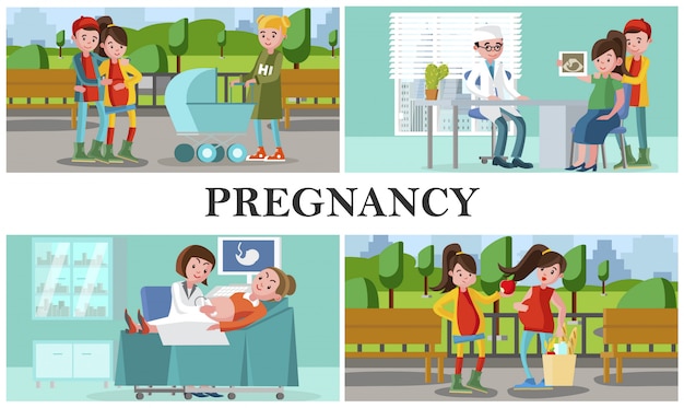 Flat maternity and pregnancy composition with pregnant women lead healthy lifestyle and visit hospital for medical control