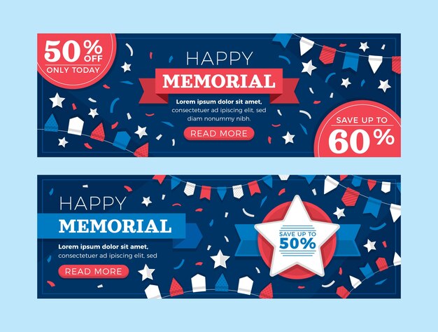 Flat memorial day sale horizontal banners pack