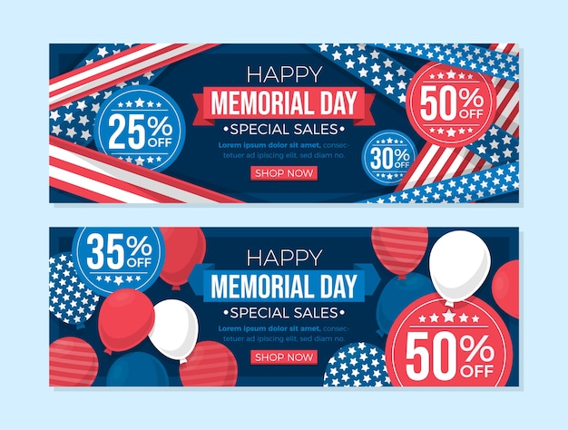 Flat memorial day sale horizontal banners pack