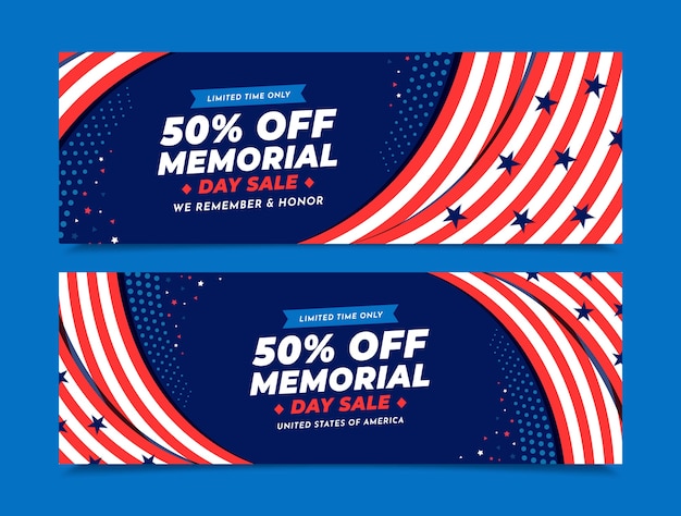 Free vector flat memorial day sale horizontal banners pack