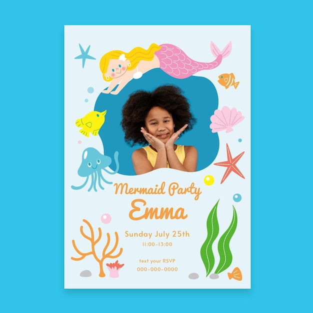 Free vector flat mermaid birthday invitation template with photo