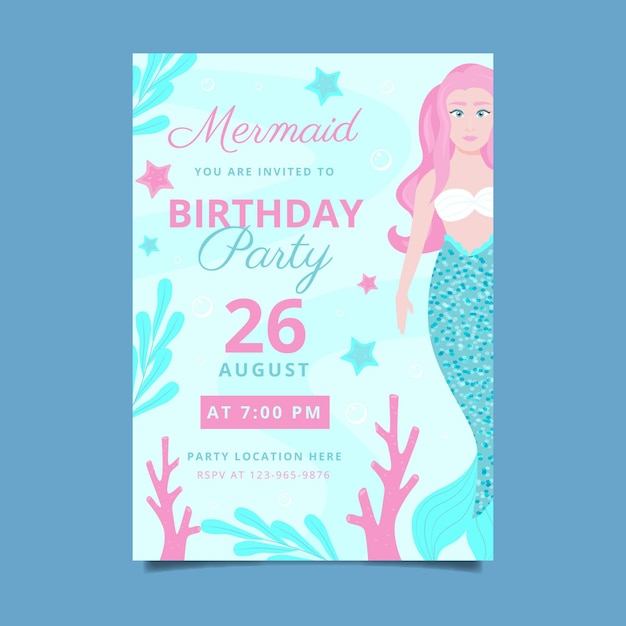 Free vector flat mermaid birthday invitation template