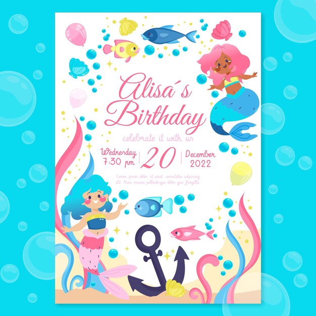 Flat mermaid birthday invitation