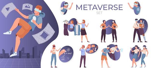 Free Vector flat metaverse composition set with vr glasses users in virtual world isolated vector illustration