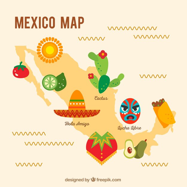 Flat mexican map background with elements