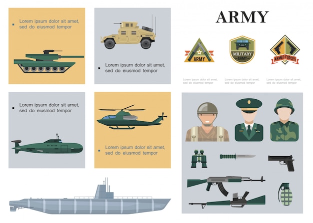 Flat military composition with tank armored car helicopter submarine warship soldiers officer weapon binoculars and army emblems