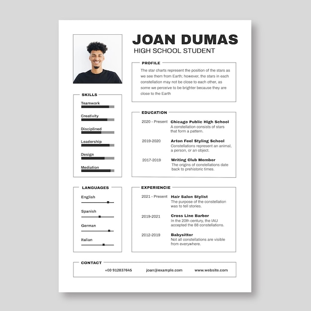 Flat minimal high school student resume