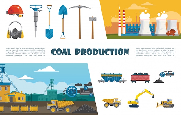 Free Vector flat mining industry elements set with helmet drill pickaxe shovel helmet wagon of coal conveyor with coal truck bulldozer excavator industrial plant 