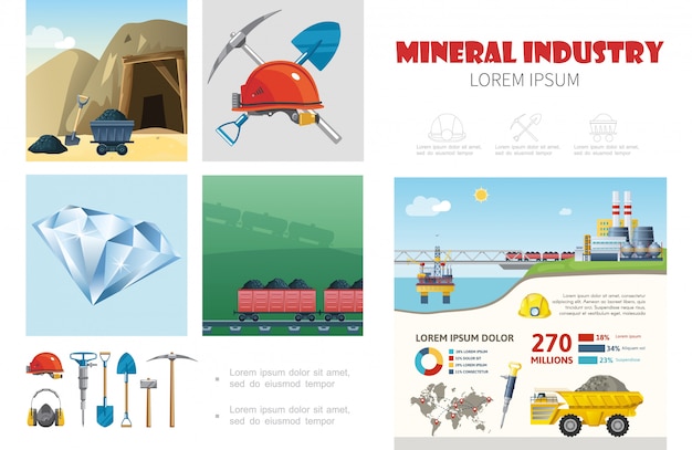 Flat mining industry infographic template with helmet drill shovel pickaxe coal transportation mineral extraction plant dump truck 