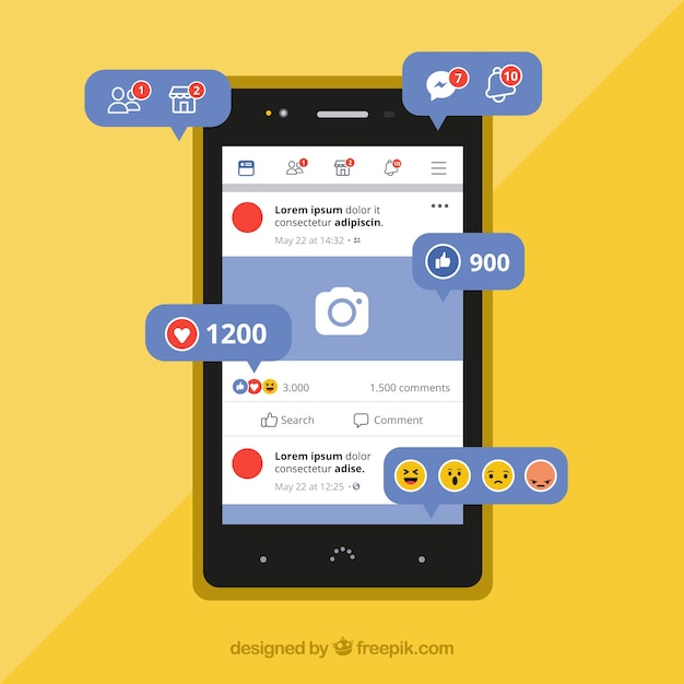 Free Vector flat mobile with facebook notifications and emojis