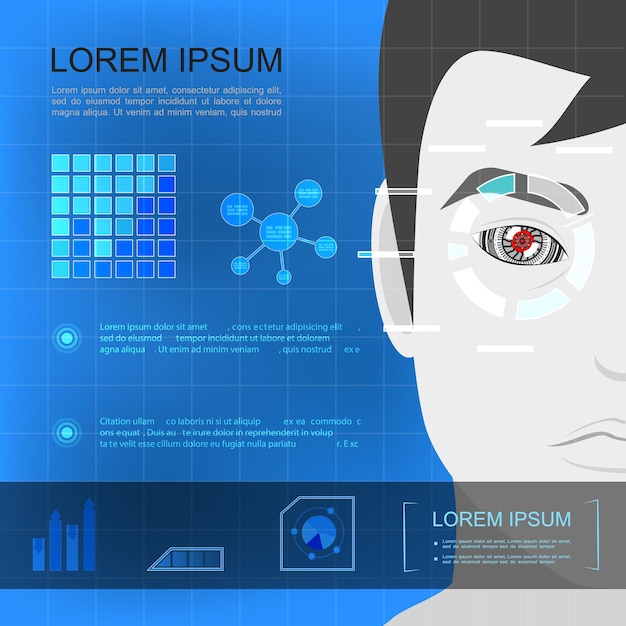 Free Vector flat modern technology template with man face with artificial eye graphs charts and diagrams illustration,