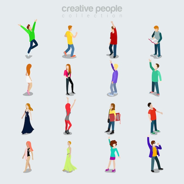 Free vector flat modern young people diverse by job, sex and style set. isolated icons. society members variety concept. party maker, student, young beauties, dancer, casual clothing.