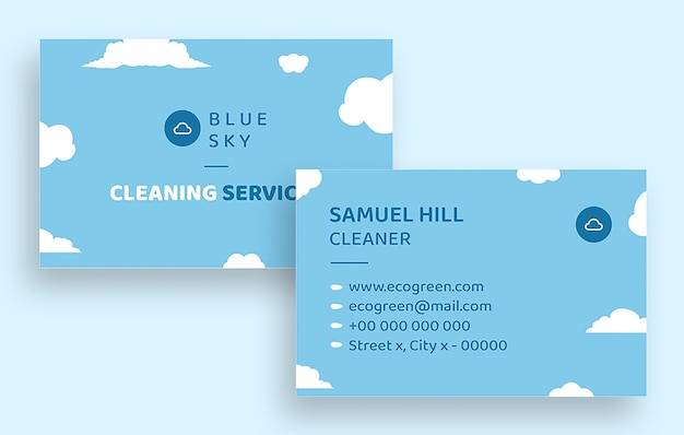 Flat monocolor blue sky cleaning services business card