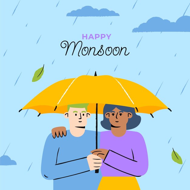 Flat monsoon season background with couple under umbrella