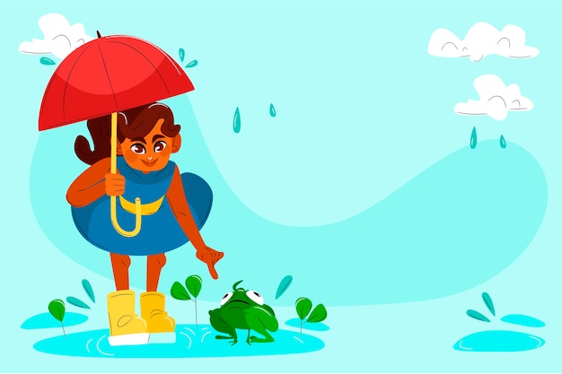 Flat monsoon season background with girl holding umbrella and petting frog