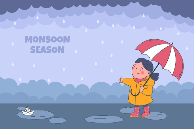 Flat monsoon season background with person in the rain holding umbrella