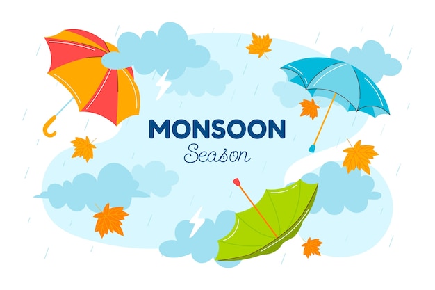 Flat monsoon season background with umbrellas and clouds