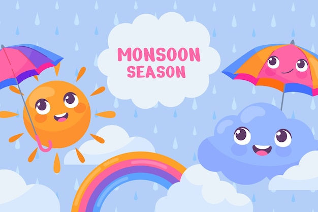 Free Vector flat monsoon season background with umbrellas and rainbow