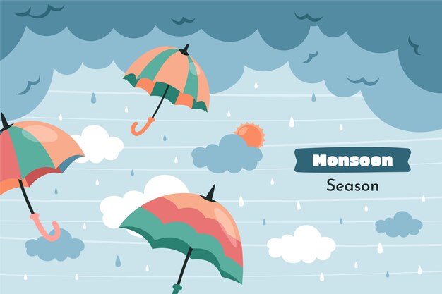 Flat monsoon season background with umbrellas