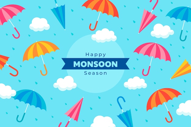 Flat monsoon season background with umbrellas