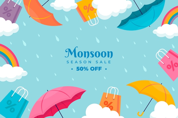 Flat monsoon season background with umbrellas