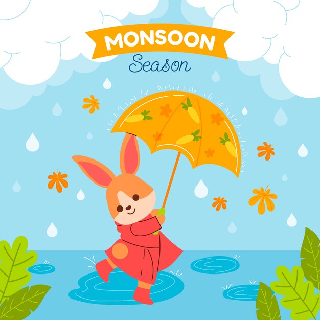 Flat monsoon season illustration with bunny holding umbrella