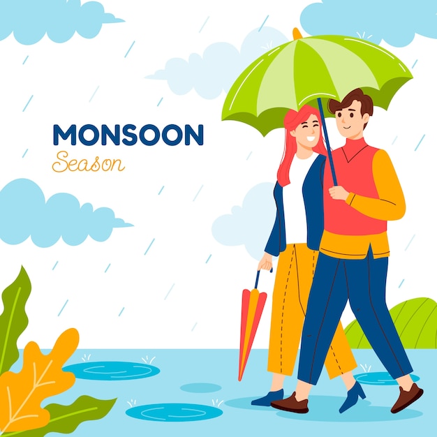 Flat monsoon season illustration with couple walking with umbrella