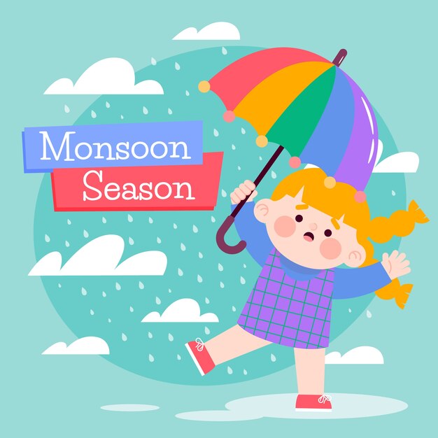 Flat monsoon season illustration with girl under rainbow umbrella