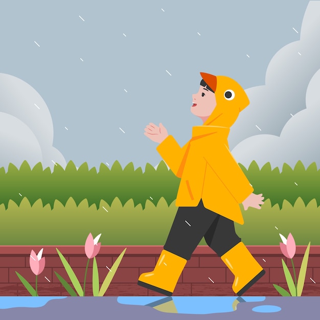 Free Vector flat monsoon season illustration with person walking in the rain