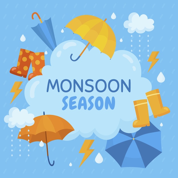 Free Vector flat monsoon season illustration with umbrellas and essentials