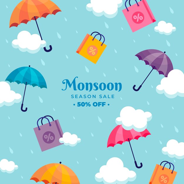 Flat monsoon season illustration with umbrellas and shopping bags