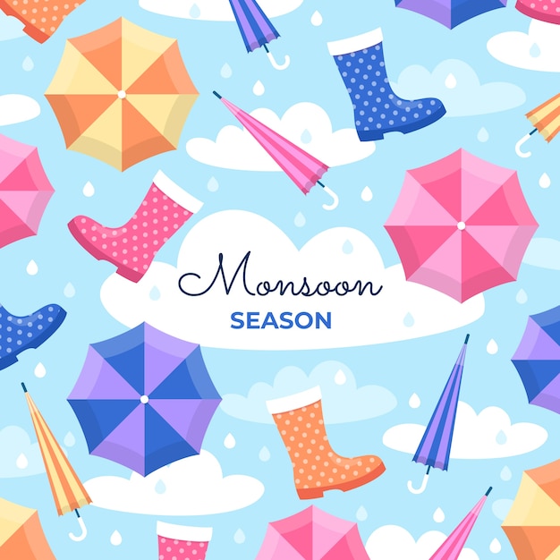 Free Vector flat monsoon season illustration with umbrellas