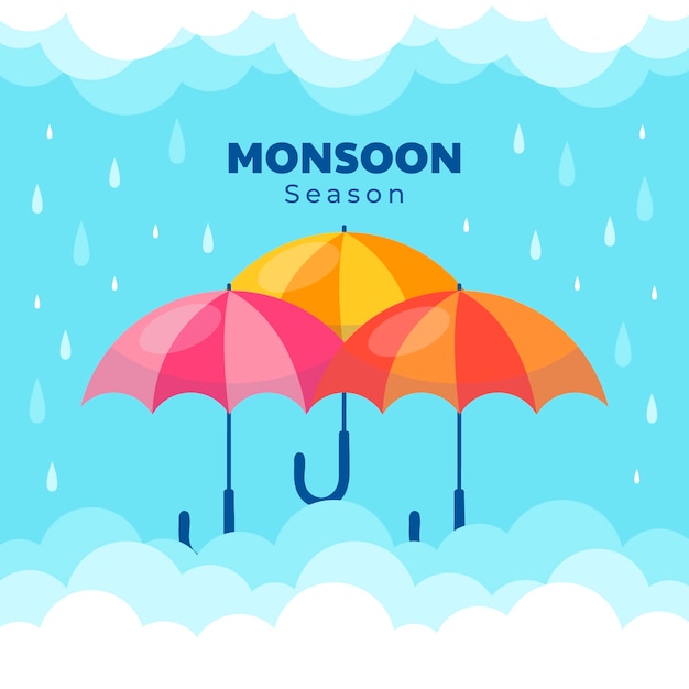 Flat monsoon season illustration with umbrellas