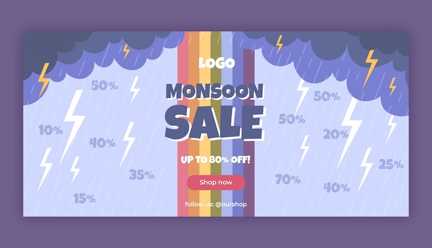 Free Vector flat monsoon season sale horizontal banner template with thunderstorm and rainbow