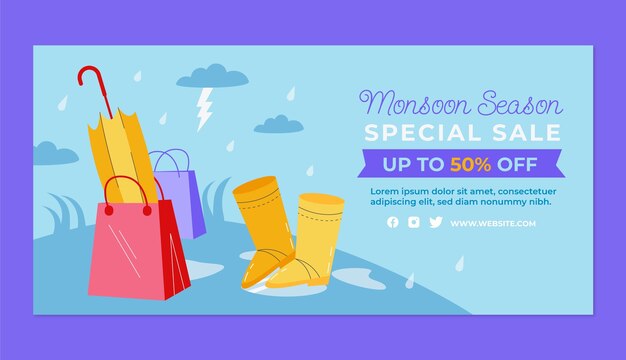 Flat monsoon season sale horizontal banner template with umbrella and boots