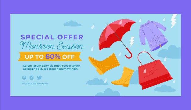 Flat monsoon season sale horizontal banner template with umbrella and boots